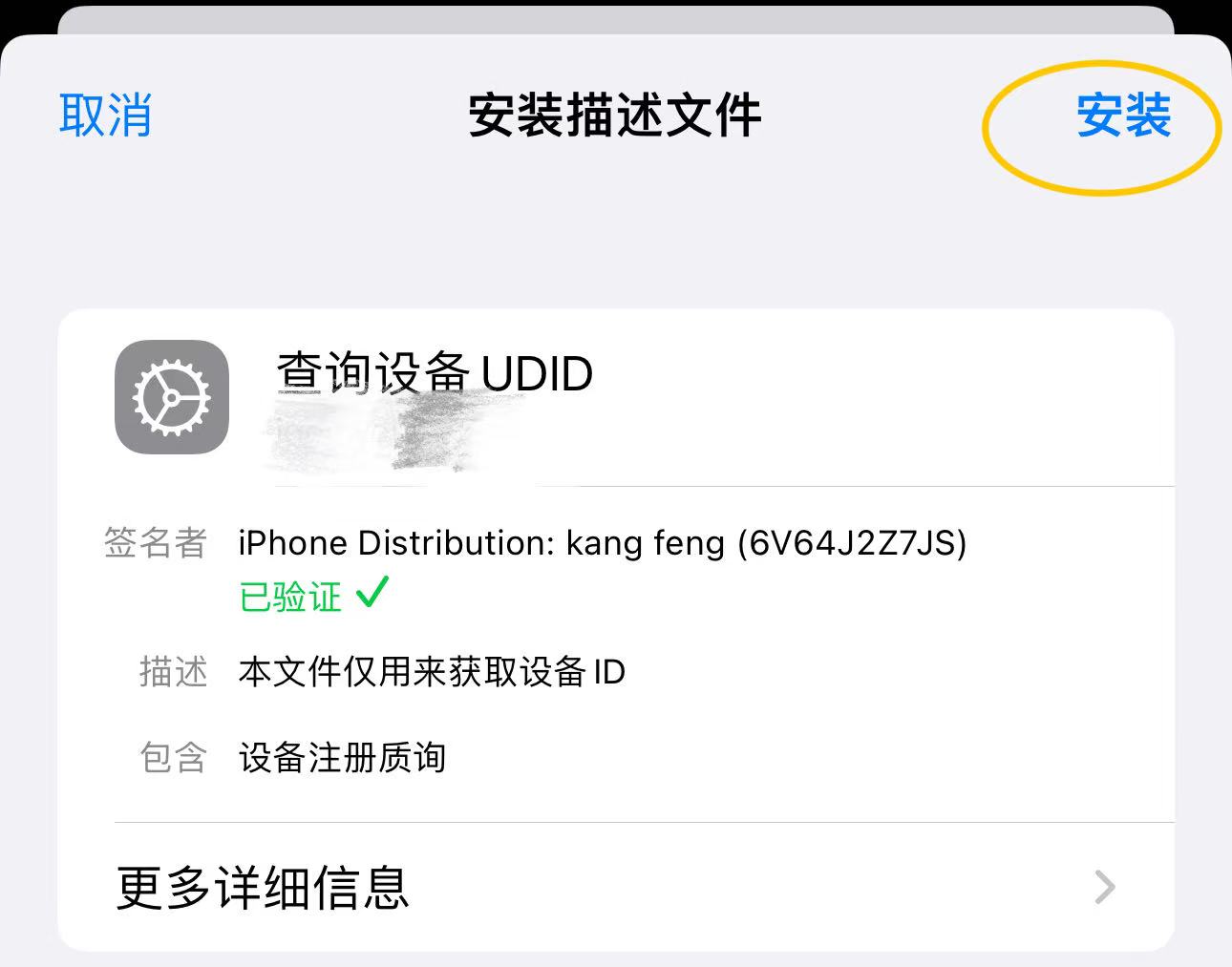 在描述文件页面点击安装